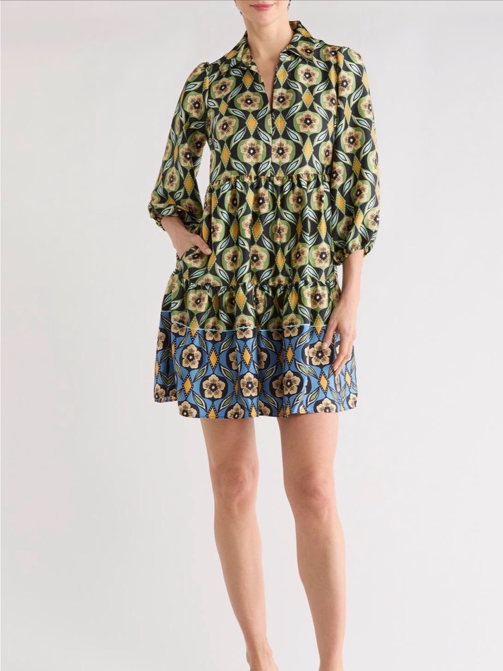 Vince Camuto Olive Green Floral Tiered Long Sleeve Dress